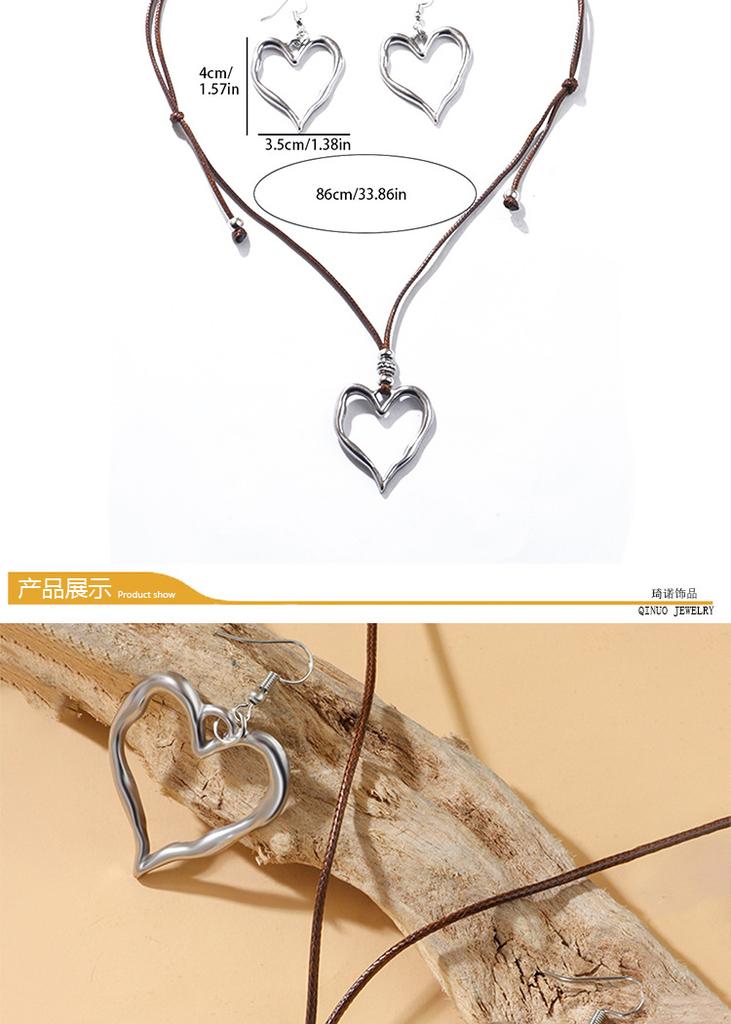 Exaggerated Big Hollow Love Heart Pendant Necklace Earrings Set for Women Gothic Rope Thread Adjustable Choker Y2K Jewelry