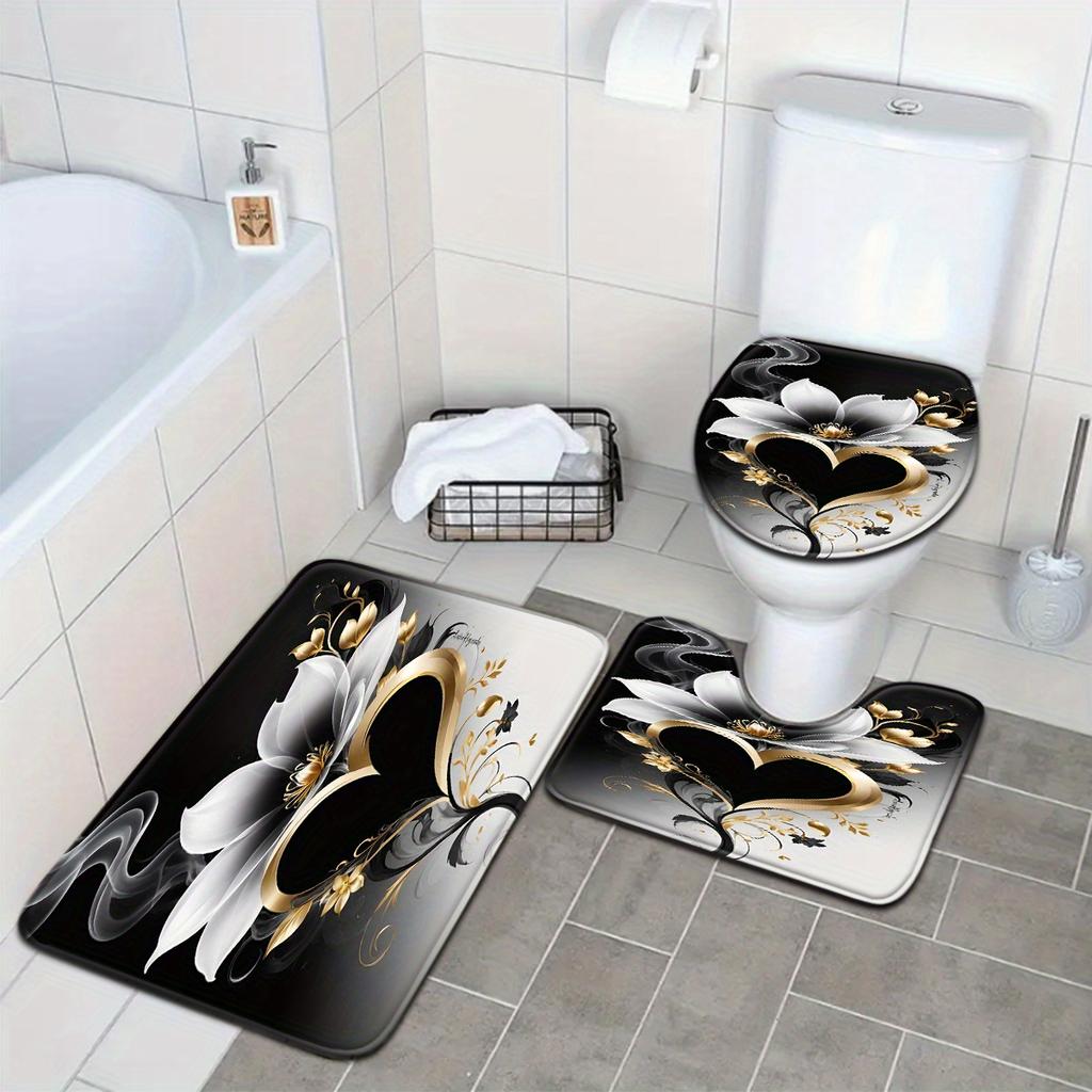 3pcs Elegant Black Golden Floral Bath Mat Set - Non-Slip, Fade-Resistant Polyester Floor Mats for Toilet Bathtub  Shower Area
