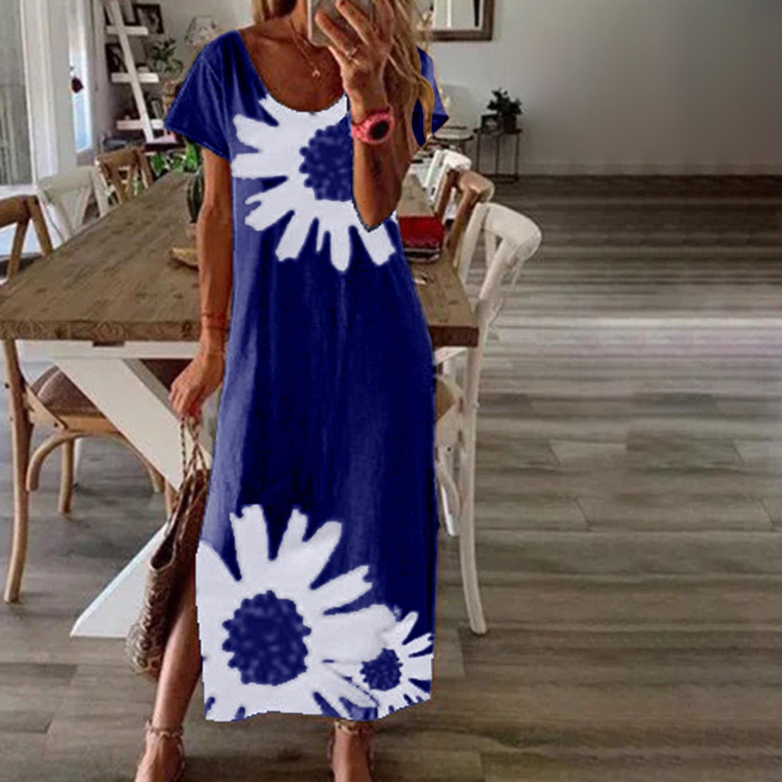 Women s Boho Dresses Floral Print Short Sleeve V Neck Dress Casual High Waist Beach Maxi Dress XL
