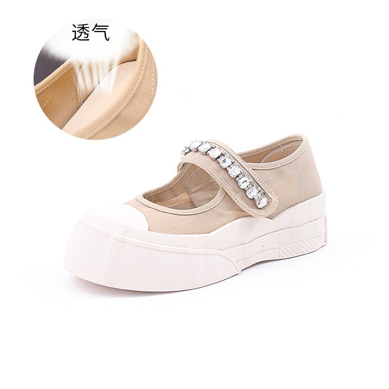 

Холщовые сандалии со стразами женские 2025 лето новые сандалии Мэри Джейн на липучках с большой головкой на плоской подошве маленькие ароматные сандалии 35 хаки