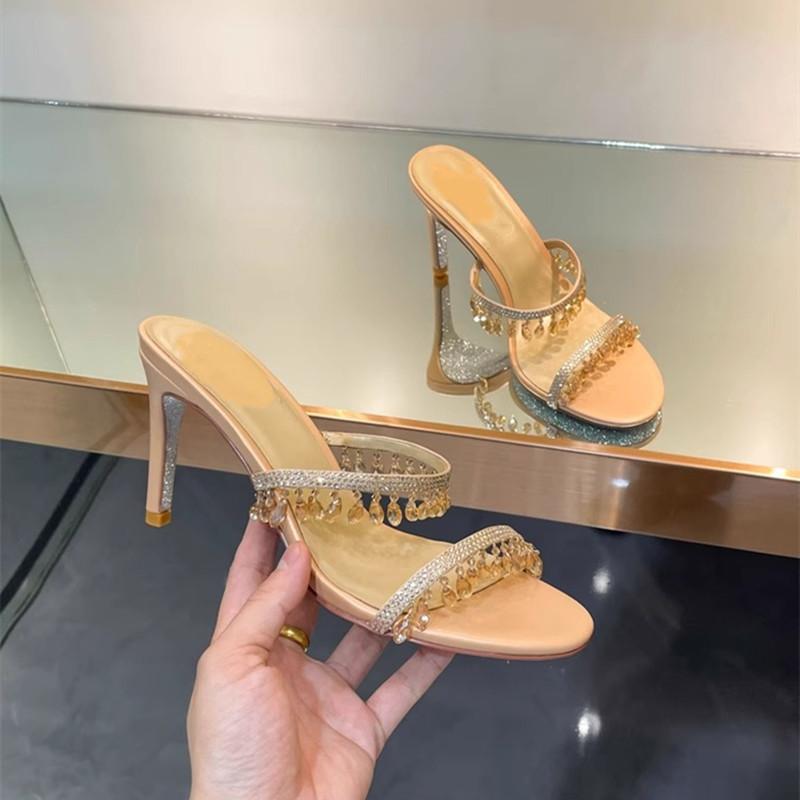 Crystal Pendant Tassel Women Slippers Sandals Elegant Stiletto High heels Mules Slides Female Summer Party Prom Shoes