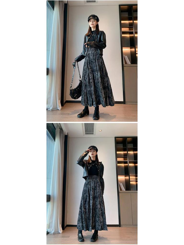 Women's Retro Tie-Dye Velvet Pleated Midi Skirt - Thickened A-line for Autumn/Winter, High Waist, Drapey, Long Skirt