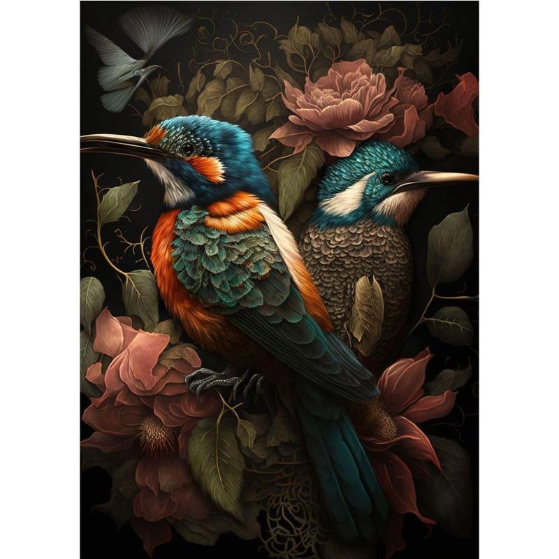 Vintage Animals In the Jungle, Flowers, Canvas, Painting, Poster Printing, Peacock, Tukan, Parrot, Elephant, Monkey, Wall Painting