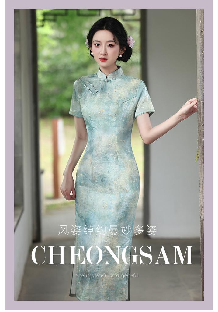 Green 1011 summer new new Chinese style improved young wide Chinese style long temperament cheongsam skirt
