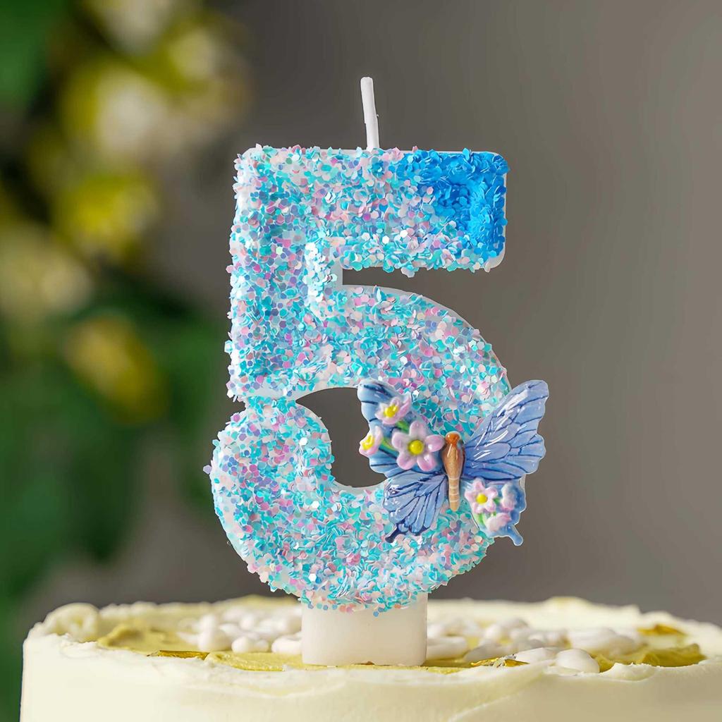 Blue Butterfly Love Flowers DIY Number Birthday Candles 0-9 - Cake Decoration
