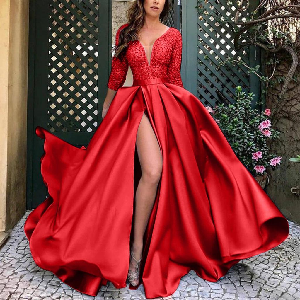 New European American Style Women's Sexy Lace Floor-length Train Long Evening Gown for Banquet Party