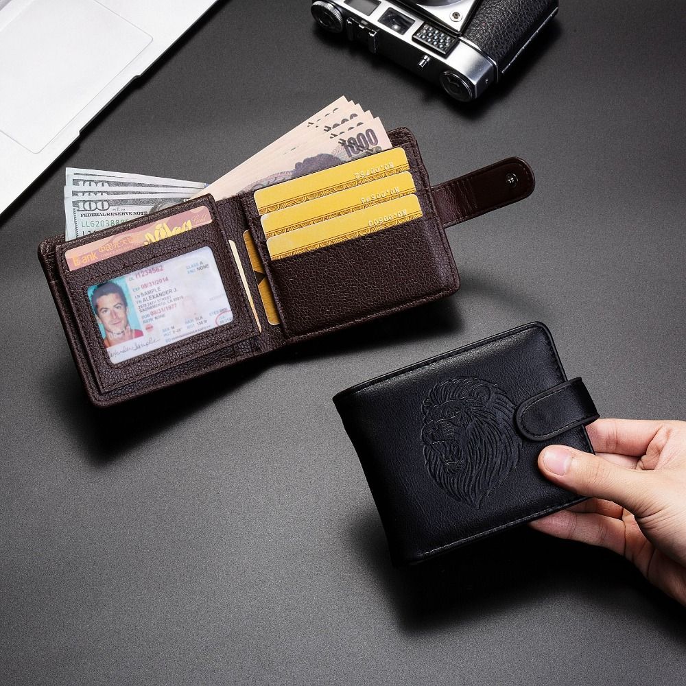 New PU Leather Retro Men's Wallet Black Coffee 3D Embossed Multiple Pockets Two-Fold Lion's Head Coin Purse Credit Card