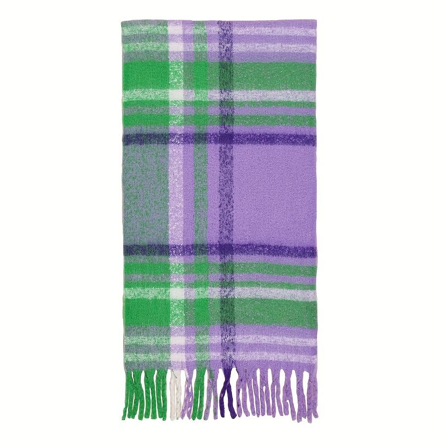 New Cozy Plaid Faux Cashmere Scarf Soft Thick Warm Long Tassels Scarves Autumn Winter Versatile Purple-Green Shawl