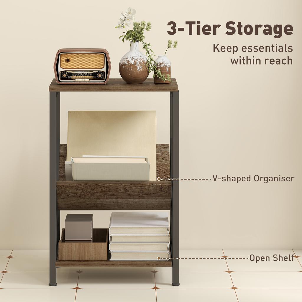 Narrow Side Table, End Table with 3-Tier Storage, V-Shaped Magazine Holder for Living Room, Bedroom, 40 X 30 X 61cm, Oak