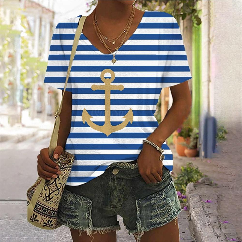 

Летние футболки больших размеров с принтом якоря, женская одежда, V-образный вырез, женская мода, стиль больших размеров, футболка для женщин 5XL