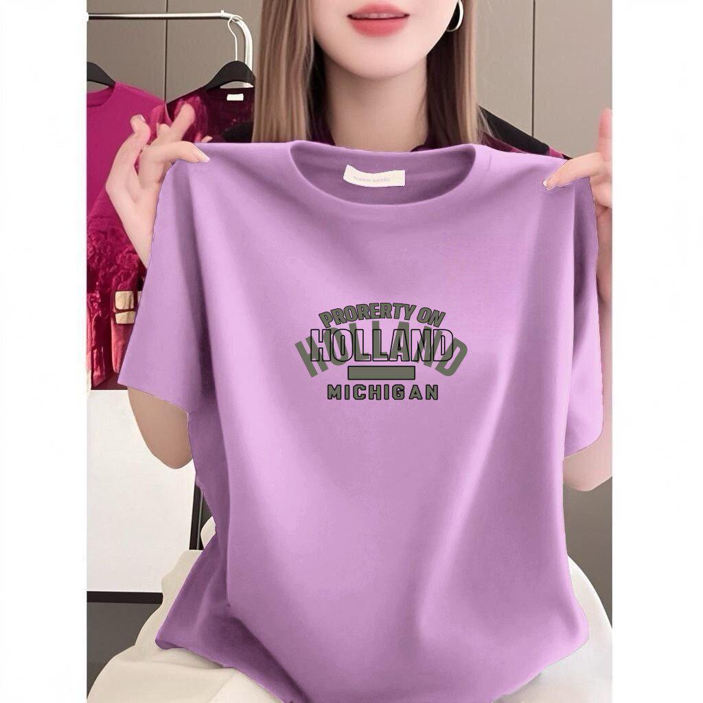 Damen Violettes Rundhals Kurzarm Übergröße Freizeit T-Shirt mit Buchstabenprint