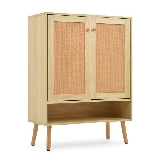 Shoe Cabinet with 2 Rattan Doors and 5 Shelves, Hallway Shoe Cabinet with Wood Handles and Solid Wood Legs