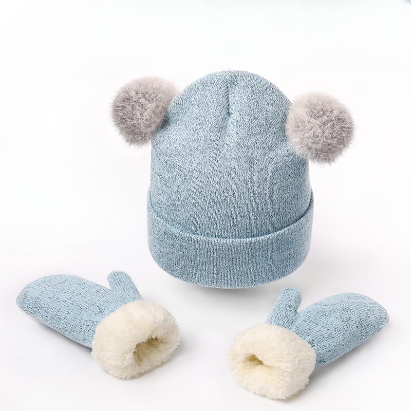 Children's Knitted Hat Gloves Two Piece Set Thickened Cold Proof Wool Hat Winter Windproof Ear Warm Set