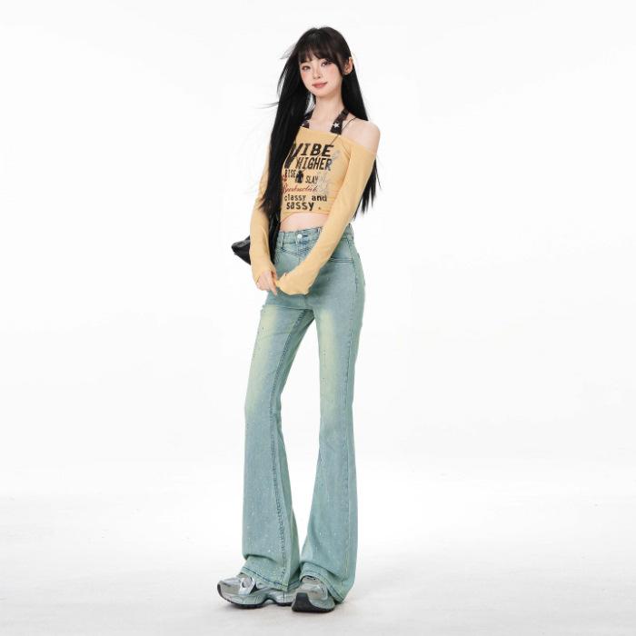 Light blue hot diamond model, aircraft waist design sense, slim fit, slightly thin, slightly pulled pants, women's spring 11 new models