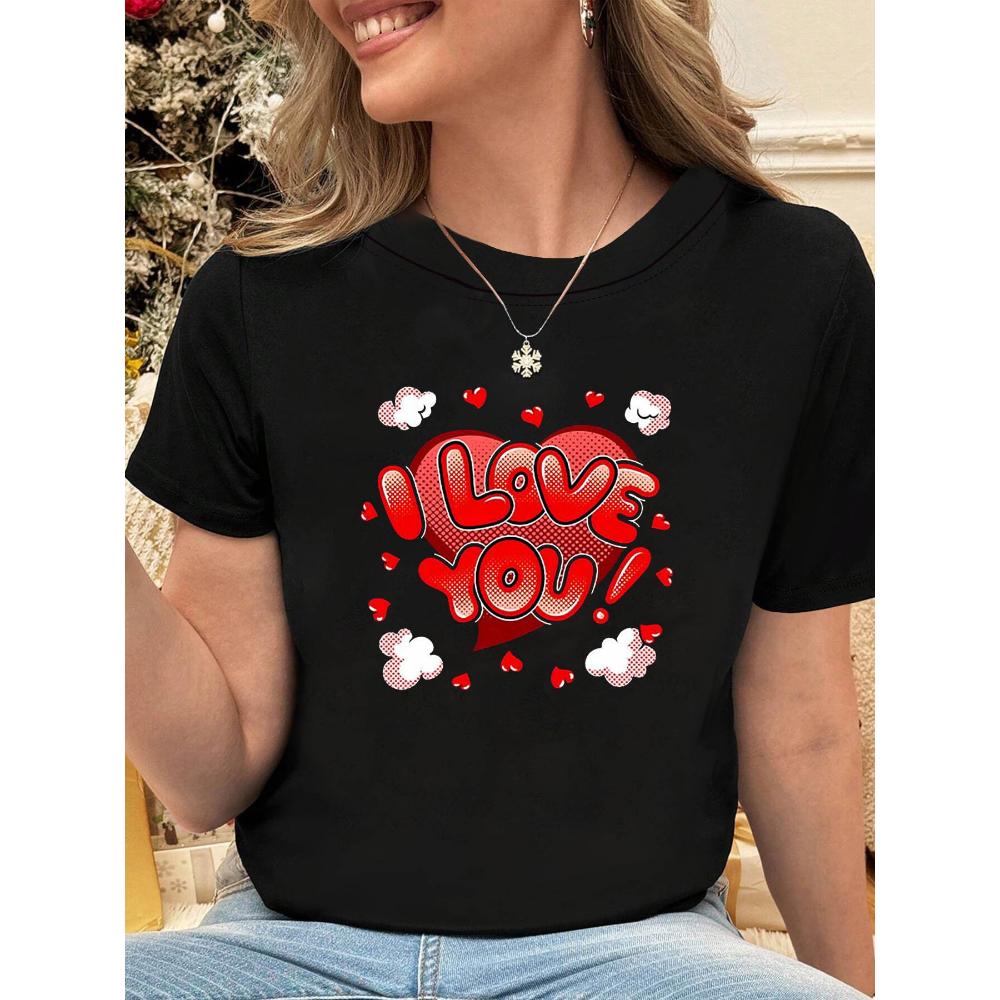

I LOVE YOU Combined with Heart and Cartoon Cloud Pattern Printed Women s Fashionable Casual Round-neck Summer T-shirt Y2K Top S