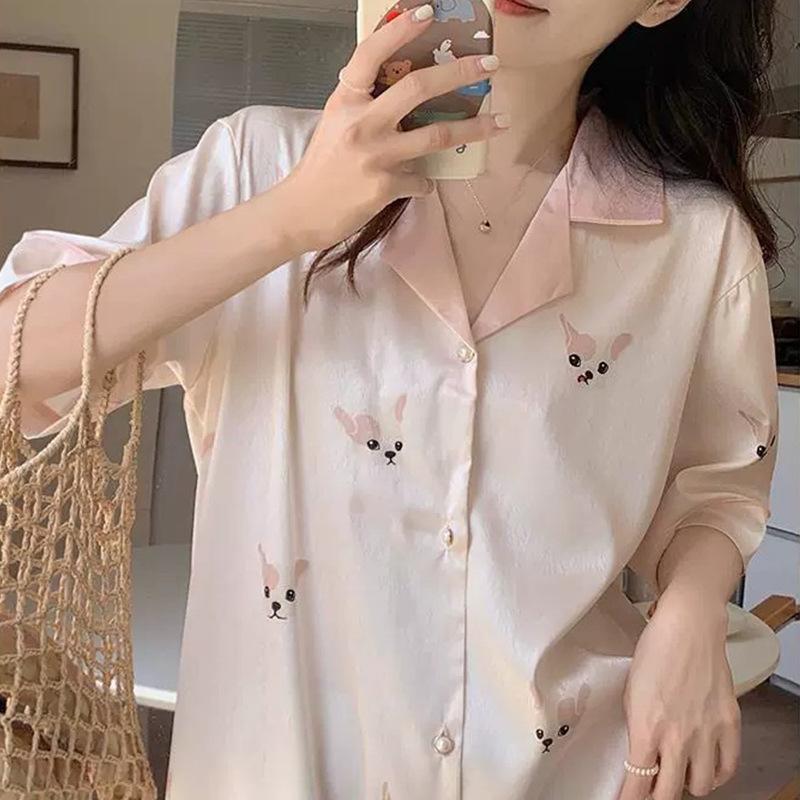 Wind Autumn Ice Silk Simple Thin Pajamas Women'S Short Sleeves Cute Loungewear Nightdress Loungewear