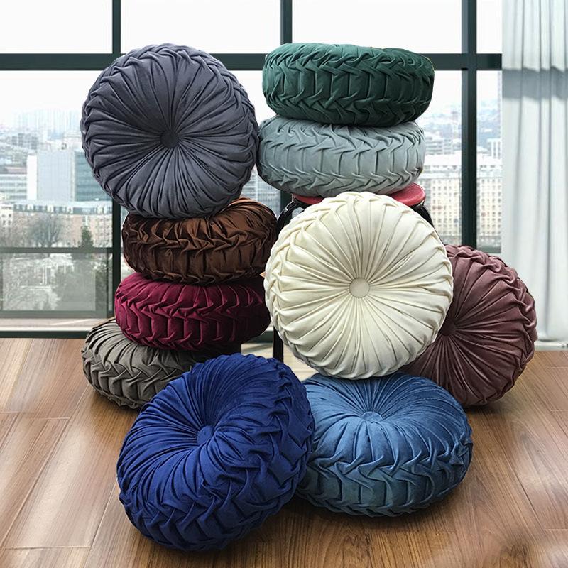 Pernă pentru pernă din catifea de lux europeană, țesătură rotundă, lucrată manual, plisată, cu roți, dovleac, 35 cm
