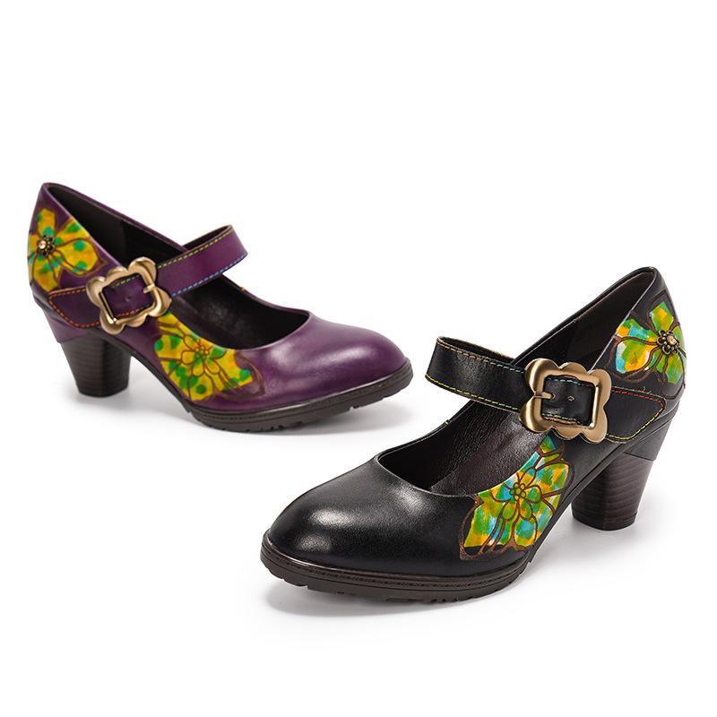Johnature Retro Genuine Leather Printed Women's High Heels Comfortable Round Toe Thick Heels Pumps