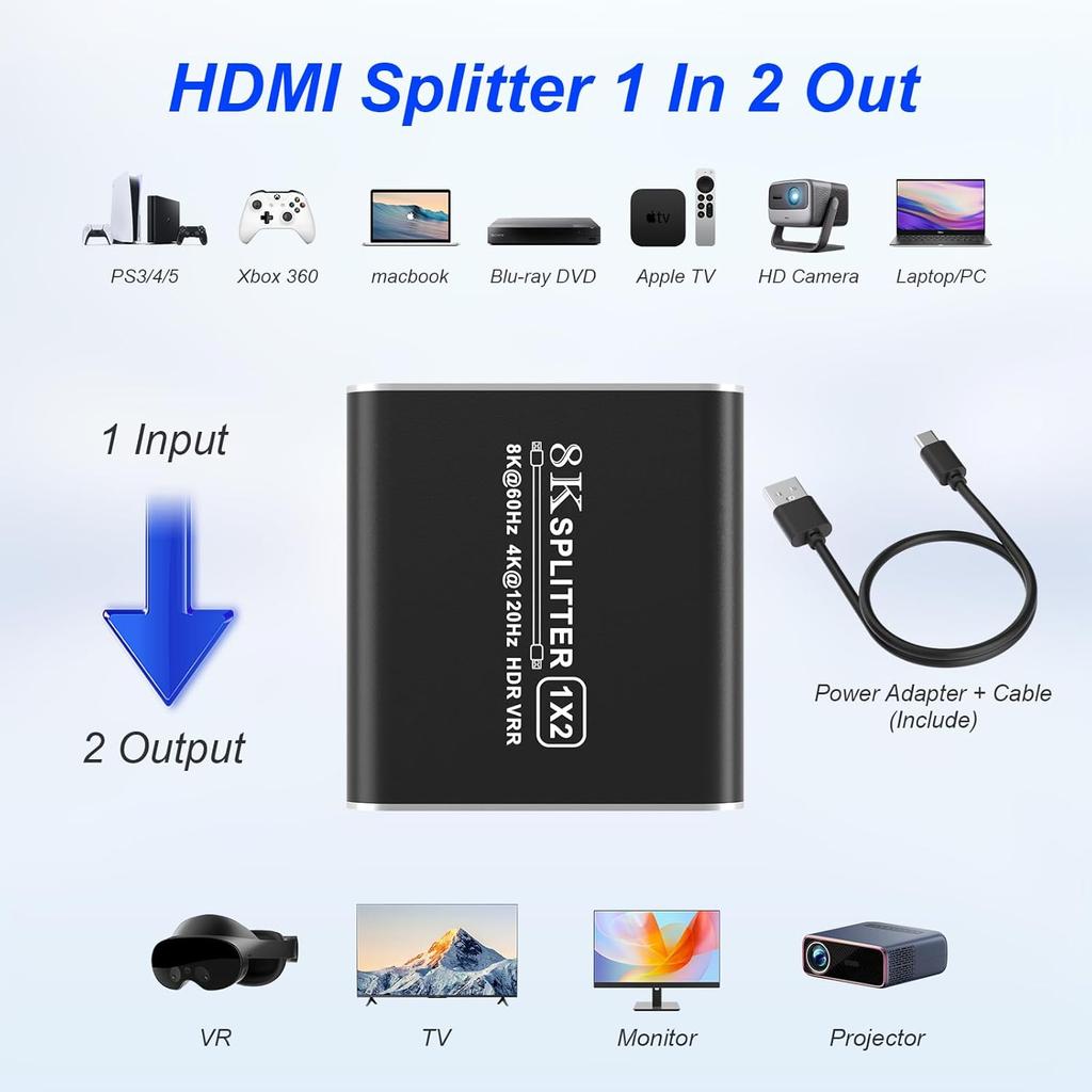 8K@60Hz HDMI Splitter 1x2 4:4:4, 48 Gbps, HDMI 2.1 Splitter 1 in 2 out with Auto, Copy, Adaptive EDID Mode, 4K 120Hz HDMI Duplicator, Dynamic HDR &
