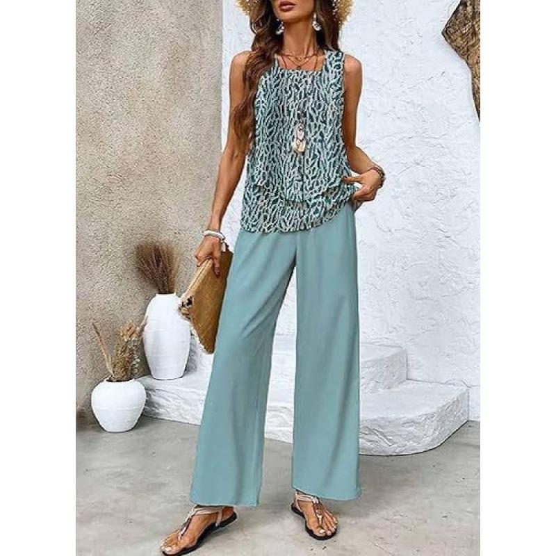 Women's Loose Fit Two Piece Outfit Sleeveless Tank Top High Waist Wide Leg Pants Set With 3D Abstract Print For Casual Summer Daily Wear