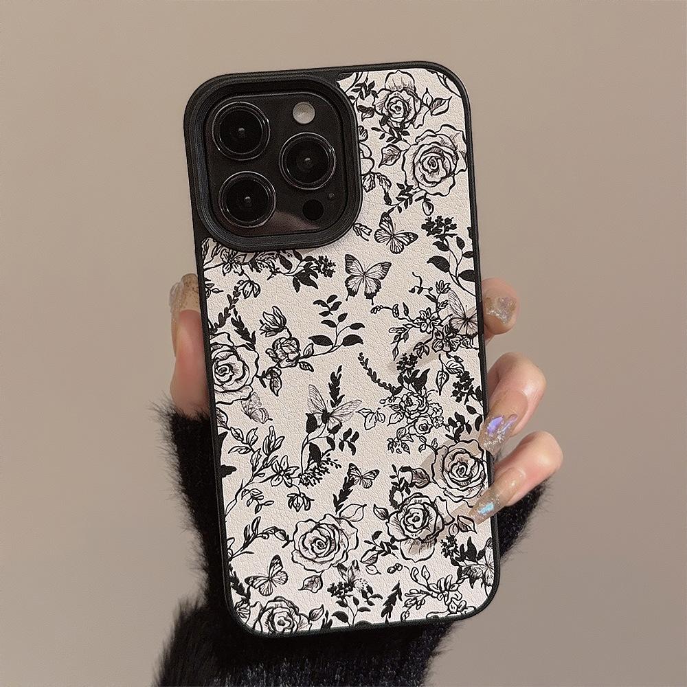 Stylish Ins Rose Flower Apple 15 Phone Case 14pro Max Leather 11 Suitable for IPhone16 Artistic 12