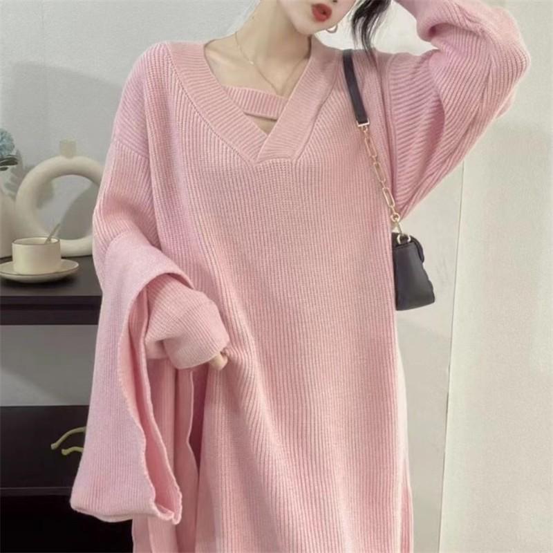 Oversized Knit Midi Dress Women Fall Winter Loose V-Neck Long Sleeve A-Line Sweater Solid Color