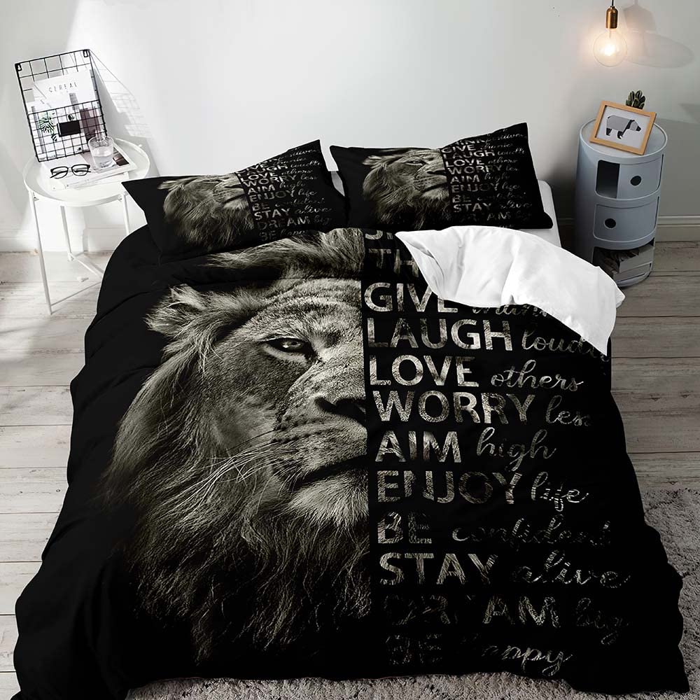 3PCS Lion King & Quen Beding Set, African Safari Animal Black Beding, Warm Comforter Cover, Bedrom Decor for Couples Ful Sized Dimensions