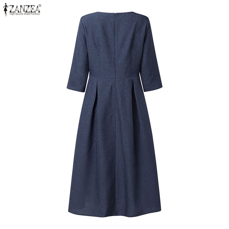ZANZEA Női Elegáns Alkalmi Kerek Nyakú Egyszínű 3/4 Ujjú Midi Ruha