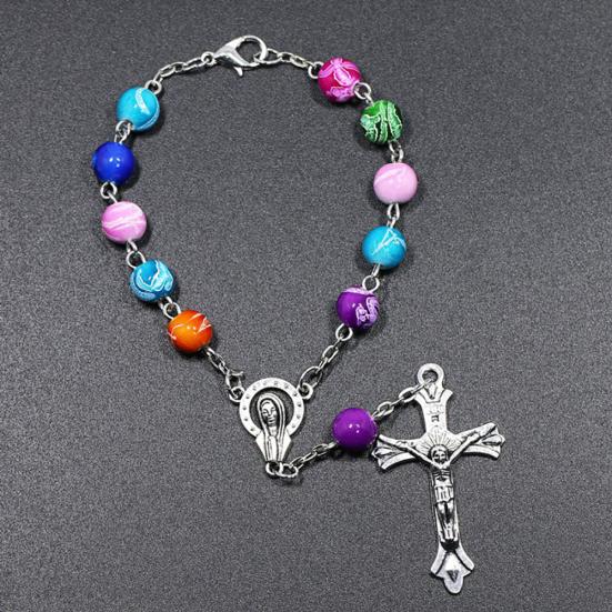 Christianity Goddess Jesus Cross Pendant Colorful Beads Chain Women Bracelet
