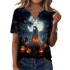 Women's Casual Halloween Print V Neck Short Sleeve Button Front T Shirt Top Lightweight Comfortable Fit for Everyday Wear