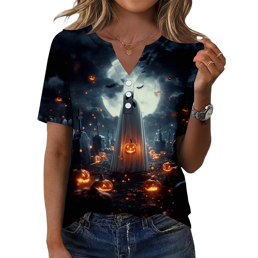 Women's Casual Halloween Print V Neck Short Sleeve Button Front T Shirt Top Lightweight Comfortable Fit for Everyday Wear