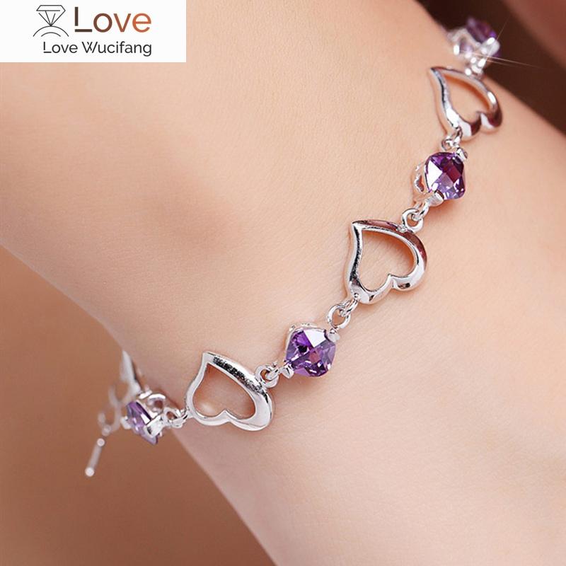 

Высококачественный серебряный браслет с сердечком, фиолетовый кристаллический циркон, браслет для женщины, вечеринки, помолвки, ювелирные изделия, подарок