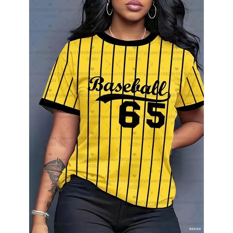 Women's Baseball Stripe Printed Round Neck Short Sleeve T-Shirt Summer Graphic Tee Jerseys Plus Size Men's Sport T-Shirt Tops