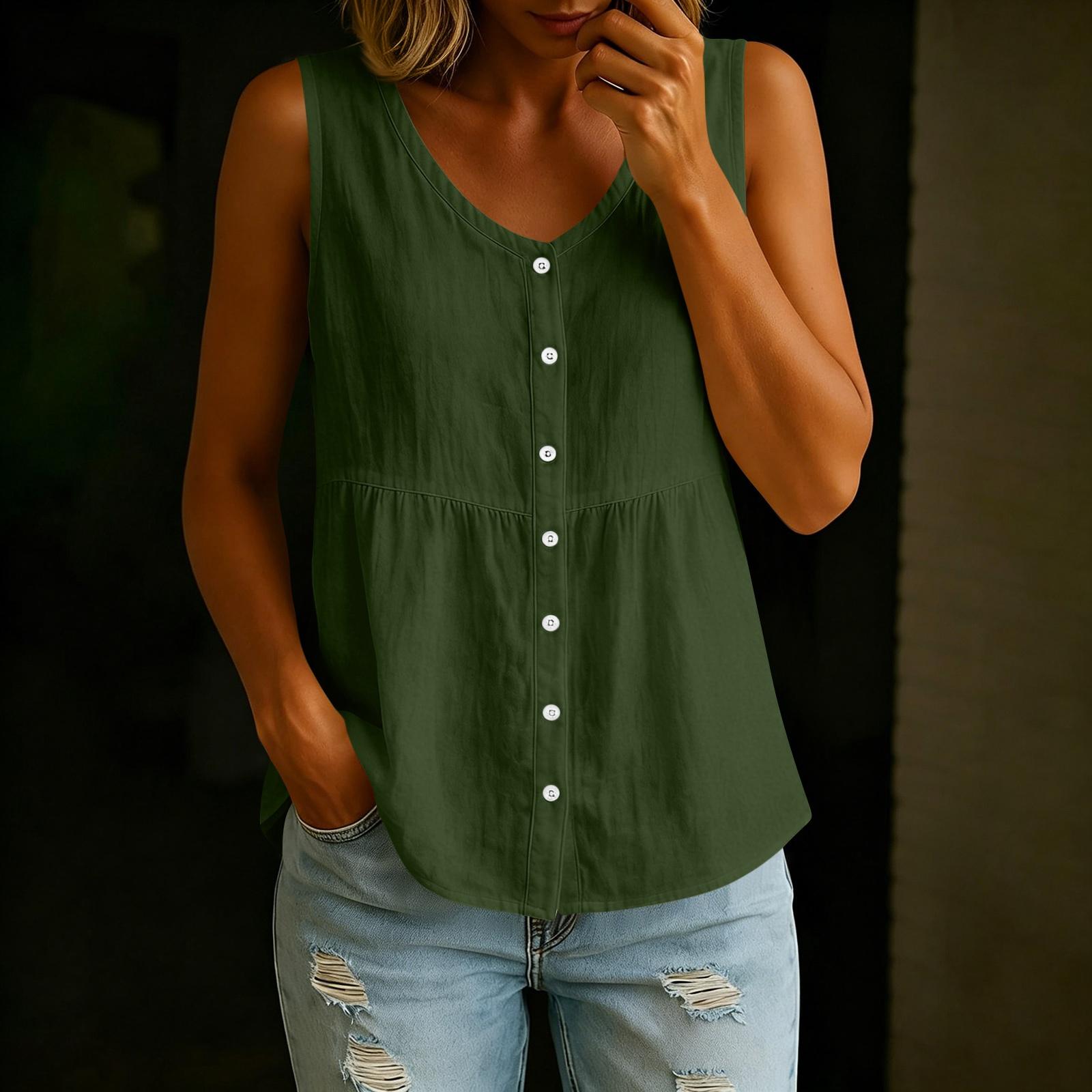 

Women s Fashionable V-neck Button Up Sleeveless Loose Fit Summer Casual Shirt Vest Top L армия зеленый