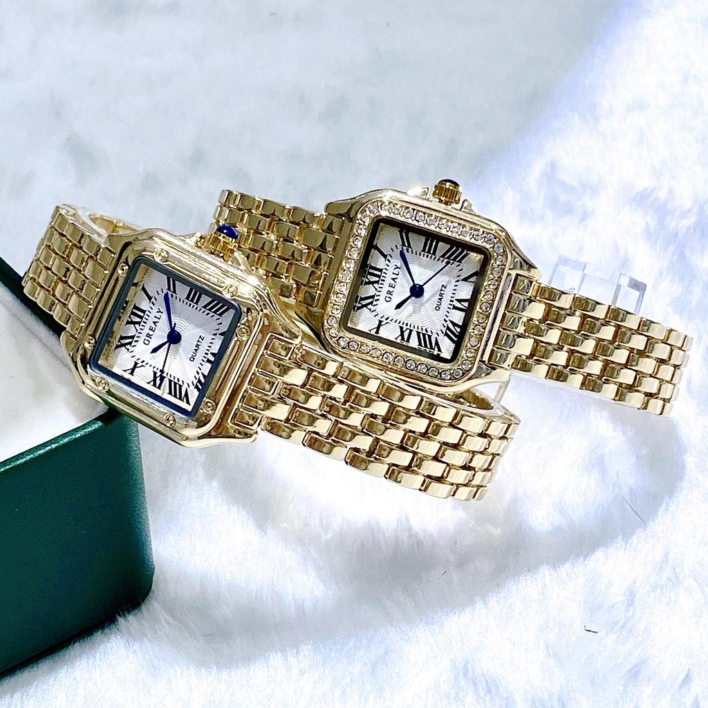 GREALY 2024 Dámské vodotěsné módní křemenné náramkové hodinky se čtvercovým pouzdrem a diamanty