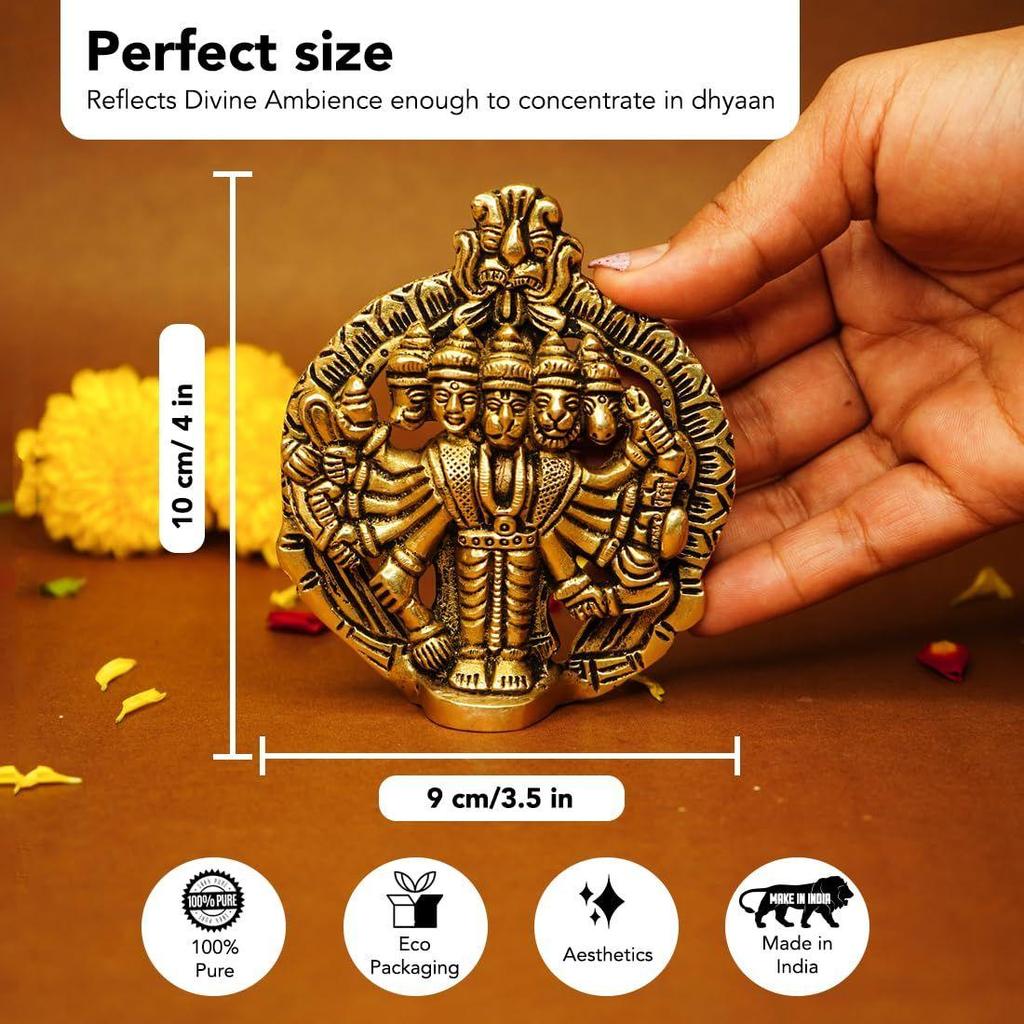 100% Pure Brass Panchmukhi Hanuman (Size: 10 cm) | Panchmukhi Hanuman Murti for Door Entrance | Panch Mukhi Hanuman Ji
