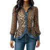 Women's Casual Long Sleeve Denim Shirt with Leopard Print Patchwork for Everyday Wear
