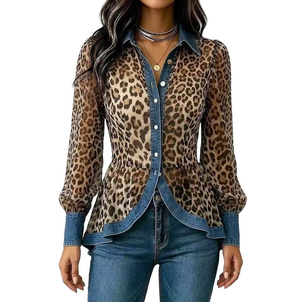 Women's Casual Long Sleeve Denim Shirt with Leopard Print Patchwork for Everyday Wear