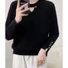 Vêtements d'automne Hiver pour Femmes Pull à Col Rond Couleur Unie Tricoté Bouton Manches Longues Hauts Décontractés Élégants Tendance