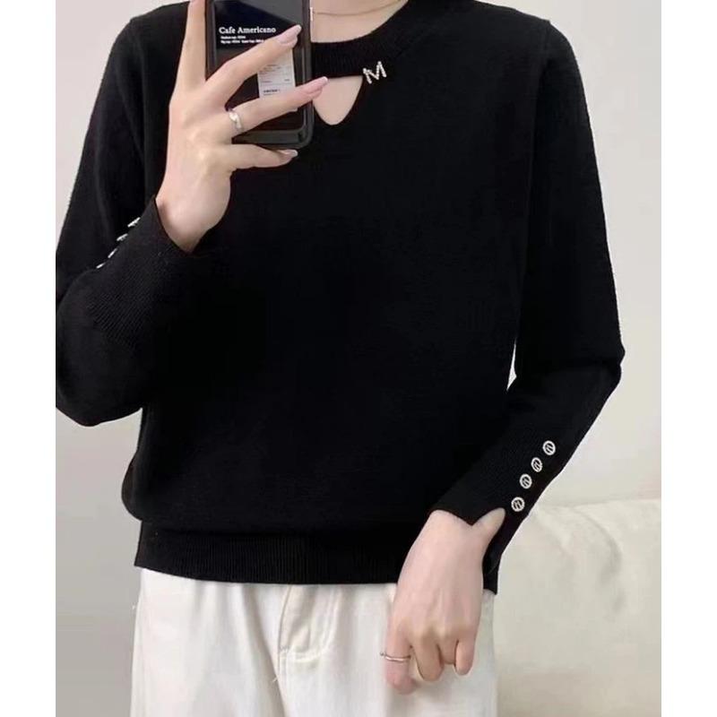 Vêtements d'automne Hiver pour Femmes Pull à Col Rond Couleur Unie Tricoté Bouton Manches Longues Hauts Décontractés Élégants Tendance