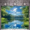 Tapisserie de Lac d'Été Serein, Lac Forestier Ensoleillé avec Nénuphars et Reflets Clairs, Art Mural Apaisant sur la Nature