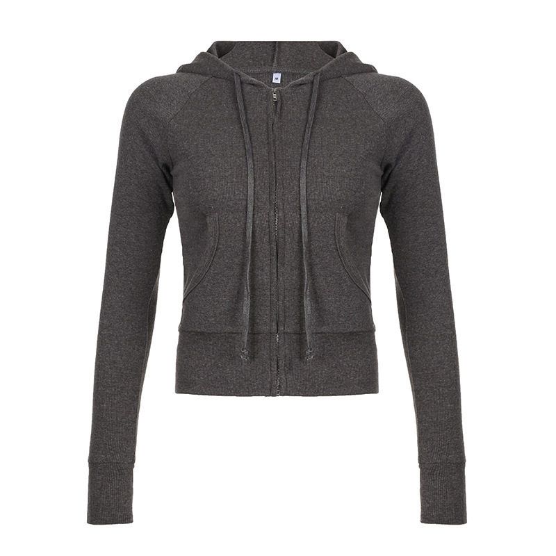 

C088Tp American Style Spicy Girl 2024 Autumn New Solid Color Ribbed Hooded Long-Sleeve Zip-Up Short Cardigan Women s Top Gray C088Tp S