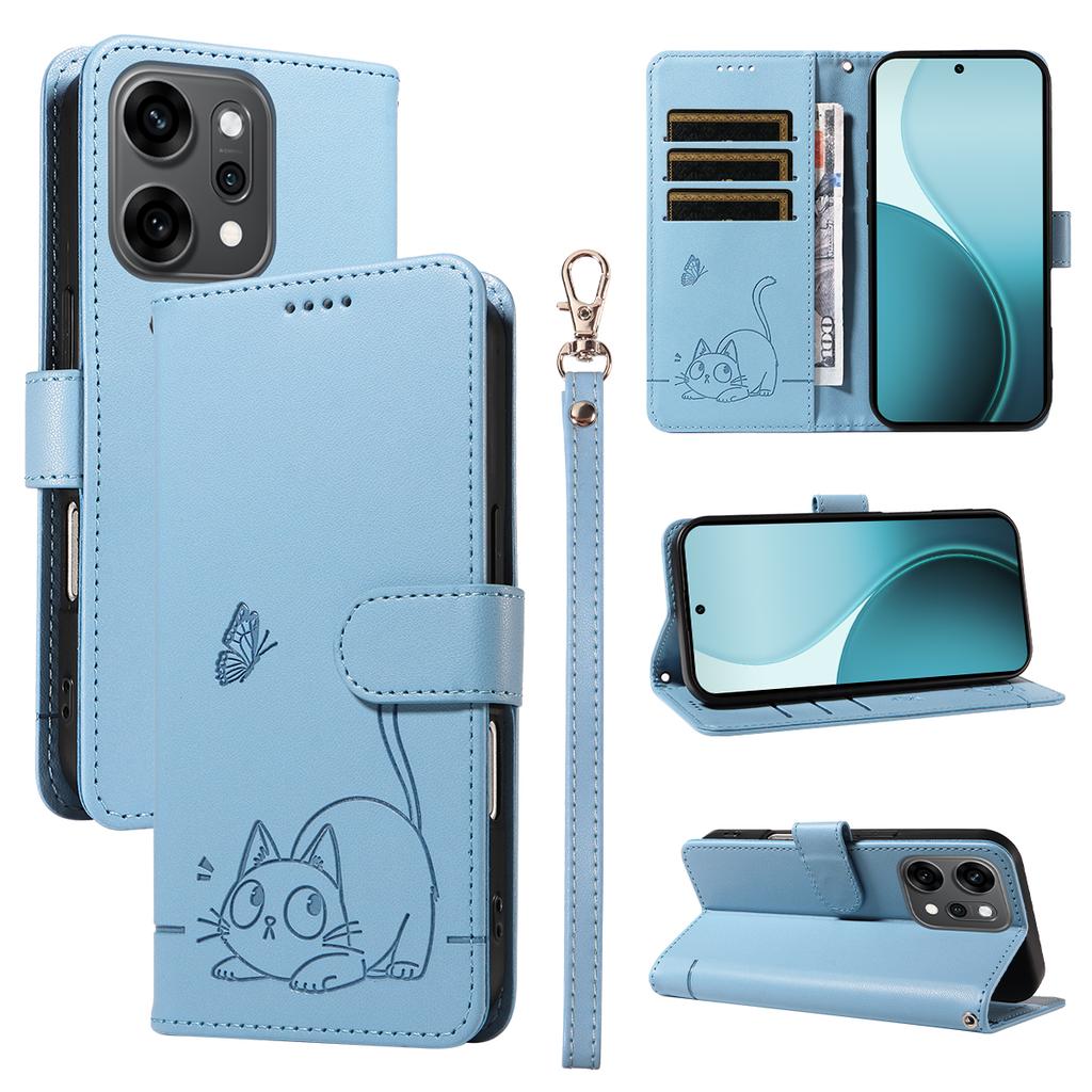 For Oppo Reno14 Pro 5G (China)/Oppo Reno14 Pro 5G (Global) Case Cat Pattern Imprint Leather Phone Cover with Wrist Strap