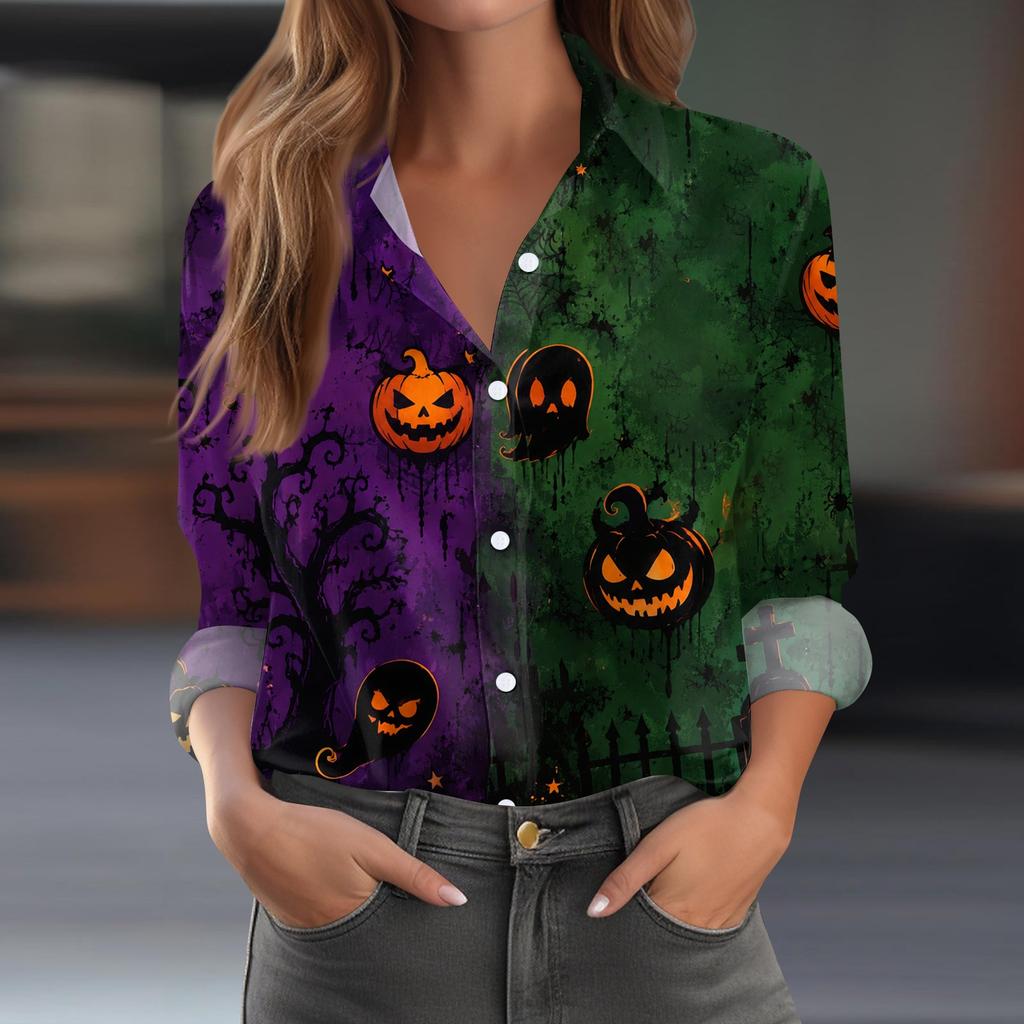 Women's Halloween Print Long Sleeve Button Down Shirt Casual Blouse