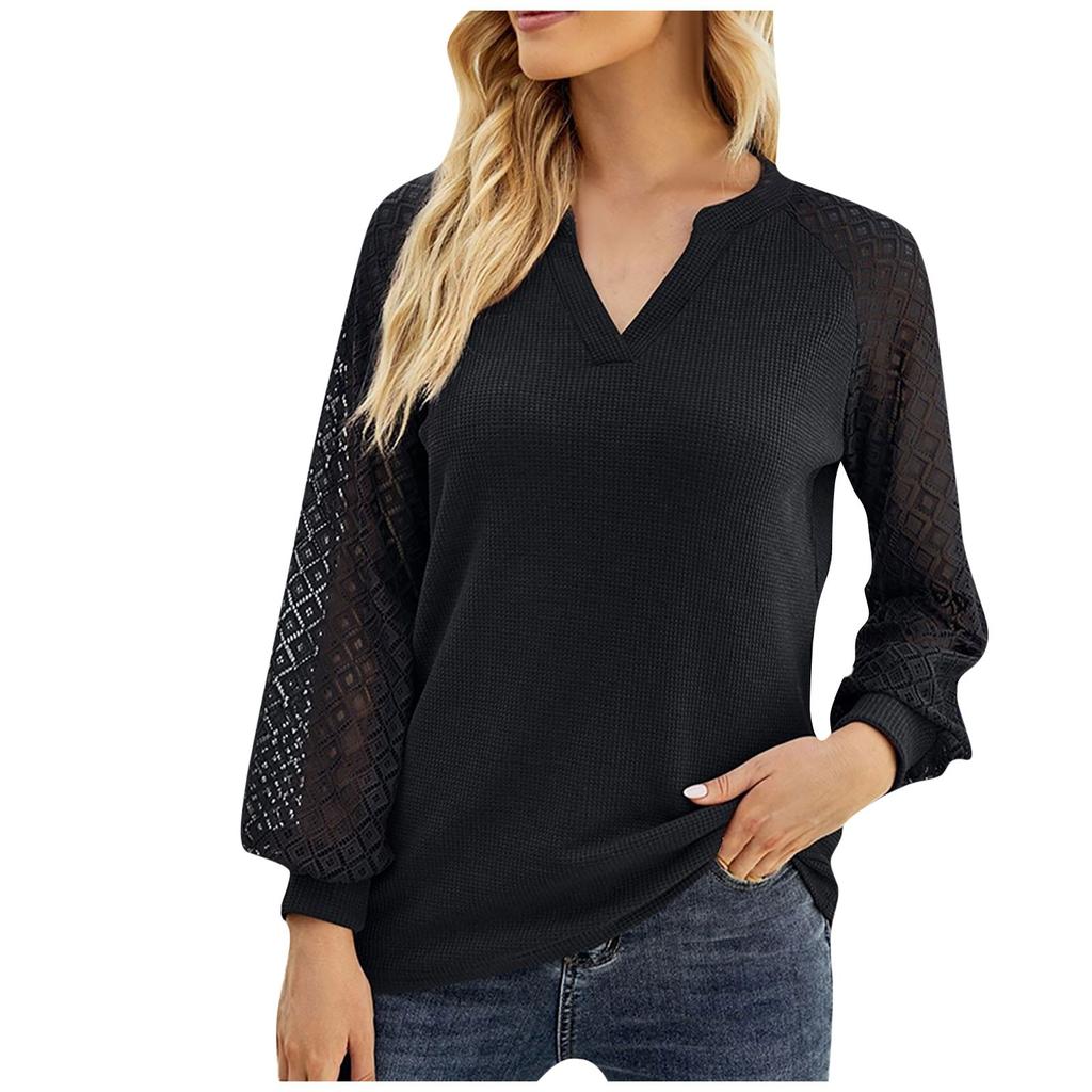 Women's  And Winter Casual Tops Shirts Lace Stitching Long Sleeve V-Neck T-Shirts
