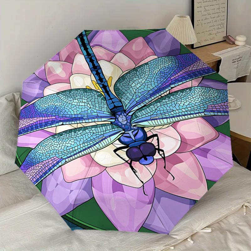 Stained Dragonfly on Lotus Flower Automatic Opening Folding Umbrella - Portable 3-Fold Design with 8-Bone Steel Frame, Gift for Fans, Travel