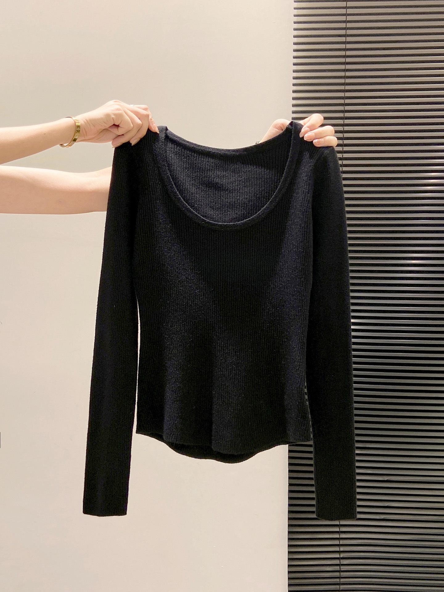 

Basic shoulder u-neck bottoming sweater women s soft waxy knitted sweater autumn and winter slim and thin, pure desire style inner top L чорний
