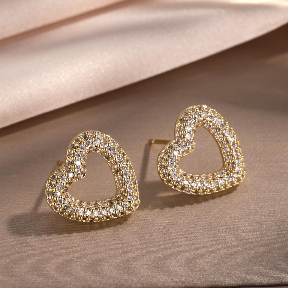 ZAKOL Loving Heart Zirconia Stud Earrings For Women Girls Copper Color Metal Crystal Ears Accessories Wedding Zircon Gifts