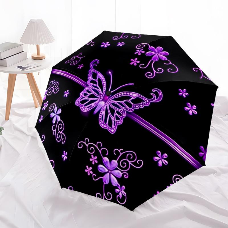 1pc Butterfly Purple Floral Art Automatic Folding Umbrella, 8-Rib Iron Frame, Casual Outdoor Accessory for Birthday Festival Gifts yy251128187