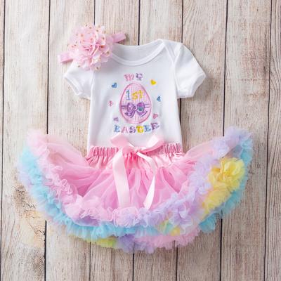 0-24M Easter Toddler Infant Baby Girl Clothes Sets Letter Printed Bodysuit Colorful Puffy Skirt Hairband 3Pcs Outfits